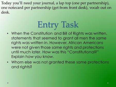 Entry Task When the Constitution and Bill of Rights was written, statements that seemed to grant all men the same rights was written in. However, African.