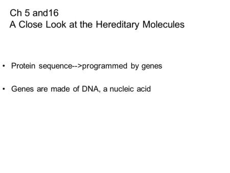 Ch 5 and16 A Close Look at the Hereditary Molecules Protein sequence-->programmed by genes Genes are made of DNA, a nucleic acid.