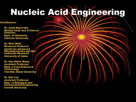 Nucleic Acid Engineering Contributors: Dr. Adolf Beyer-lein Retired Chair and Professor Emeritus Dept. of Chemistry Clemson University Dr. Wusi Maki Research.
