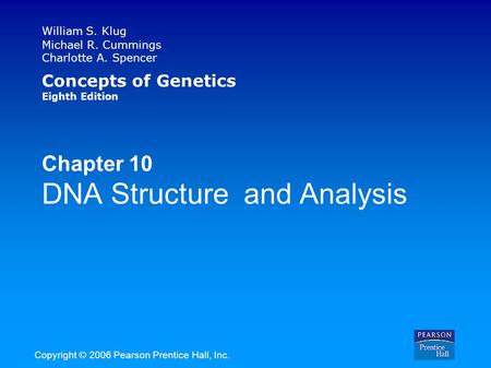 William S. Klug Michael R. Cummings Charlotte A. Spencer Concepts of Genetics Eighth Edition Chapter 10 DNA Structure and Analysis Copyright © 2006 Pearson.