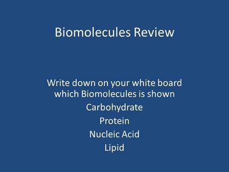 Biomolecules Review Write down on your white board which Biomolecules is shown Carbohydrate Protein Nucleic Acid Lipid.
