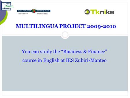 MULTILINGUA PROJECT 2009-2010 You can study the “Business & Finance” course in English at IES Zubiri-Manteo.