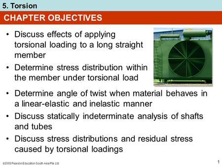 CHAPTER OBJECTIVES Discuss effects of applying torsional loading to a long straight member Determine stress distribution within the member under torsional.