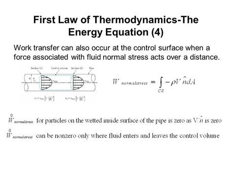 First Law of Thermodynamics-The Energy Equation (4) Work transfer can also occur at the control surface when a force associated with fluid normal stress.