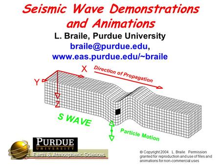 Seismic Wave Demonstrations and Animations L. Braile, Purdue University   Copyright 2004. L. Braile. Permission.