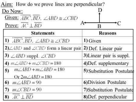 1 Aim: How do we prove lines are perpendicular? Do Now: A C D B StatementsReasons 1) 2) 3) 4) 5) 6) 7) 8) Given Def. Linear pair Linear pair is suppl.