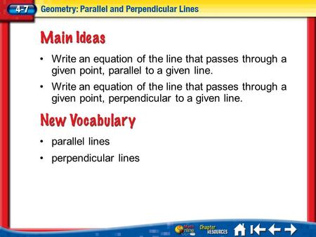 Lesson 7 MI/Vocab parallel lines perpendicular lines Write an equation of the line that passes through a given point, parallel to a given line. Write an.
