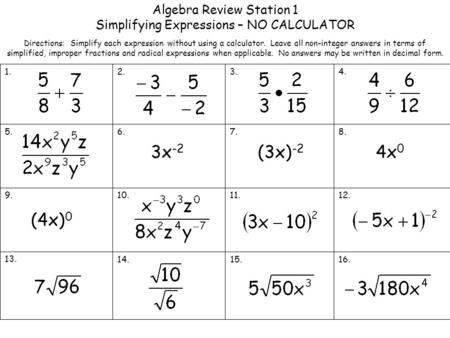 3x-2 (3x)-2 4x0 (4x)0 Algebra Review Station 1