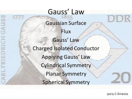 Gauss’ Law Gaussian Surface Flux Gauss’ Law Charged Isolated Conductor Applying Gauss’ Law Cylindrical Symmetry Planar Symmetry Spherical Symmetry pps.