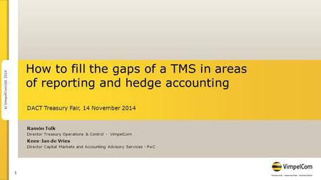 1 © VimpelCom Ltd. 2014 How to fill the gaps of a TMS in areas of reporting and hedge accounting DACT Treasury Fair, 14 November 2014 Ramón Tolk Director.