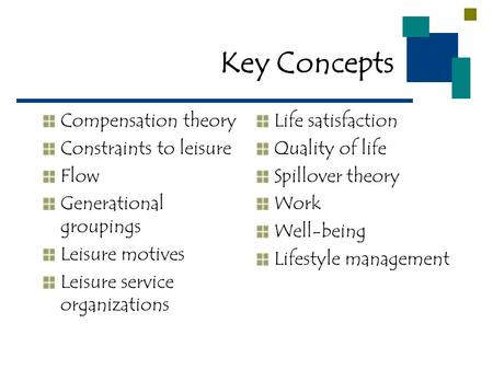 Key Concepts Compensation theory Constraints to leisure Flow Generational groupings Leisure motives Leisure service organizations Life satisfaction Quality.