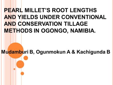 PEARL MILLET’S ROOT LENGTHS AND YIELDS UNDER CONVENTIONAL AND CONSERVATION TILLAGE METHODS IN OGONGO, NAMIBIA. Mudamburi B, Ogunmokun A & Kachigunda B.