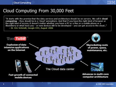 Cloud Computing © 2008 IBM Corporation 1 Cloud Computing From 30,000 Feet Fast growth of connected mobile devices Skyrocketing costs of power, space, maintenance,