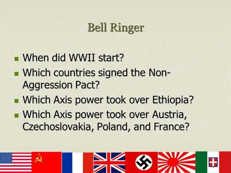 Bell Ringer When did WWII start? When did WWII start? Which countries signed the Non- Aggression Pact? Which countries signed the Non- Aggression Pact?
