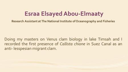 Esraa Elsayed Abou-Elmaaty Research Assistant at The National Institute of Oceanography and Fisheries Doing my masters on Venus clam biology in lake Timsah.