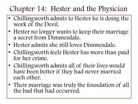 Chapter 14: Hester and the Physician Chillingworth admits to Hester he is doing the work of the Devil. Hester no longer wants to keep their marriage a.