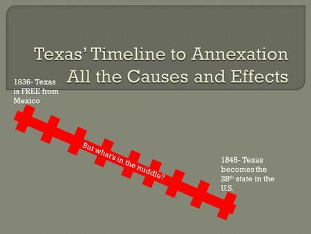 1836- Texas is FREE from Mexico 1845- Texas becomes the 28 th state in the U.S. But what’s in the middle?