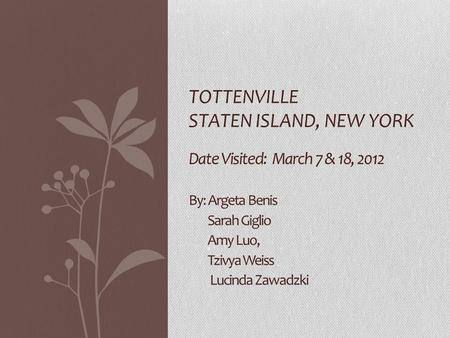 Date Visited: March 7 & 18, 2012 By: Argeta Benis Sarah Giglio Amy Luo, Tzivya Weiss Lucinda Zawadzki TOTTENVILLE STATEN ISLAND, NEW YORK.