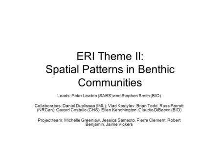 ERI Theme II: Spatial Patterns in Benthic Communities Leads: Peter Lawton (SABS) and Stephen Smith (BIO) Collaborators: Daniel Duplissea (IML); Vlad Kostylev,