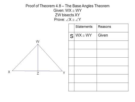 Proof of Theorem 4.8 – The Base Angles Theorem Given: WX  WY ZW bisects XY Prove:  X   Y StatementsReasons S WX  WY Given.