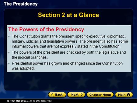 Section 2 at a Glance The Powers of the Presidency