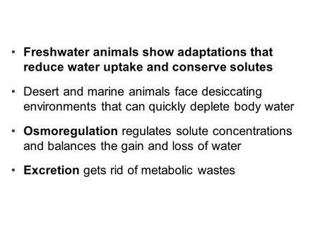 Freshwater animals show adaptations that reduce water uptake and conserve solutes Desert and marine animals face desiccating environments that can quickly.