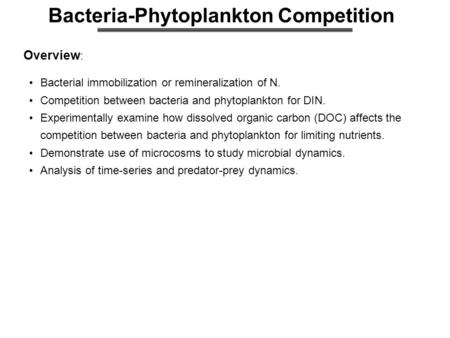 Bacteria-Phytoplankton Competition Overview : Bacterial immobilization or remineralization of N. Competition between bacteria and phytoplankton for DIN.