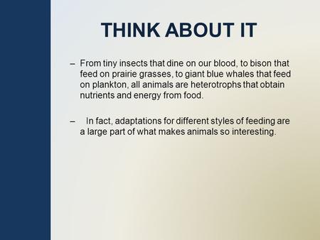 THINK ABOUT IT –From tiny insects that dine on our blood, to bison that feed on prairie grasses, to giant blue whales that feed on plankton, all animals.