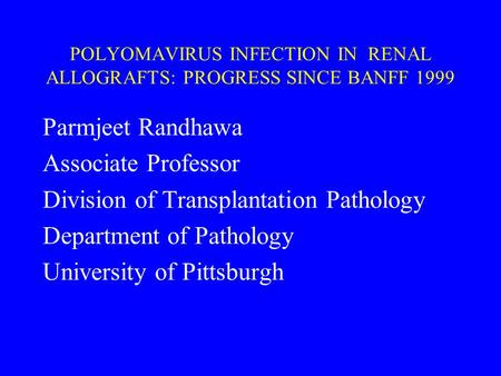 POLYOMAVIRUS INFECTION IN RENAL ALLOGRAFTS: PROGRESS SINCE BANFF 1999 Parmjeet Randhawa Associate Professor Division of Transplantation Pathology Department.