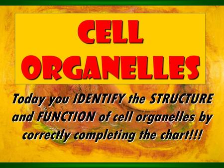 Cell Organelles Today you IDENTIFY the STRUCTURE and FUNCTION of cell organelles by correctly completing the chart!!!