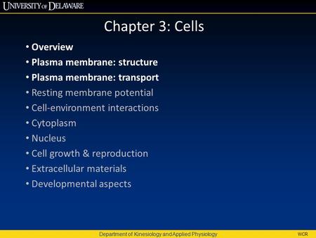Department of Kinesiology and Applied Physiology WCR Chapter 3: Cells Overview Plasma membrane: structure Plasma membrane: transport Resting membrane potential.