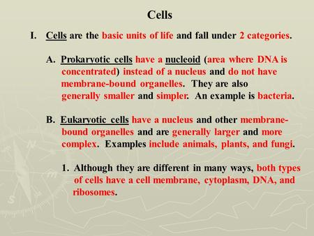 Cells I.Cells are the basic units of life and fall under 2 categories. A. Prokaryotic cells have a nucleoid (area where DNA is concentrated) instead of.
