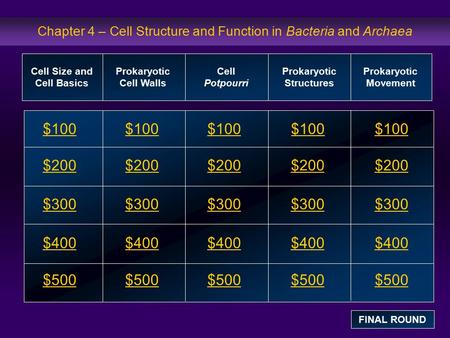 Chapter 4 – Cell Structure and Function in Bacteria and Archaea $100 $200 $300 $400 $500 $100$100$100 $200 $300 $400 $500 Cell Size and Cell Basics Prokaryotic.