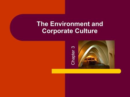 The Environment and Corporate Culture Chapter 3. Copyright © 2005 by South-Western, a division of Thomson Learning. All rights reserved. 2 Organizational.