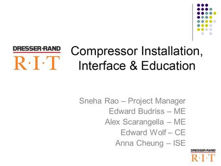 Sneha Rao – Project Manager Edward Budriss – ME Alex Scarangella – ME Edward Wolf – CE Anna Cheung – ISE.