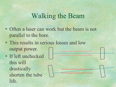 Walking the Beam §Often a laser can work but the beam is not parallel to the bore. §This results in serious losses and low output power. §If left unchecked.