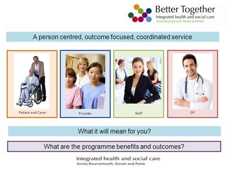 A person centred, outcome focused, coordinated service What it will mean for you? Patient and Carer Provider Staff GP What are the programme benefits and.
