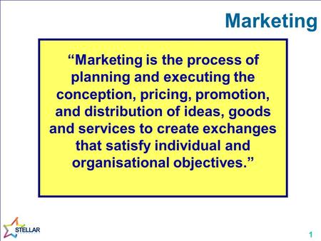 1 Marketing “Marketing is the process of planning and executing the conception, pricing, promotion, and distribution of ideas, goods and services to create.