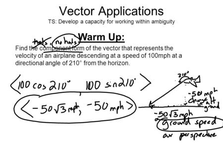 Vector Applications TS: Develop a capacity for working within ambiguity Warm Up: Find the component form of the vector that represents the velocity of.