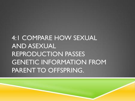 4:1 COMPARE HOW SEXUAL AND ASEXUAL REPRODUCTION PASSES GENETIC INFORMATION FROM PARENT TO OFFSPRING.