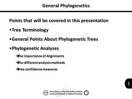1 General Phylogenetics Points that will be covered in this presentation Tree TerminologyTree Terminology General Points About Phylogenetic TreesGeneral.