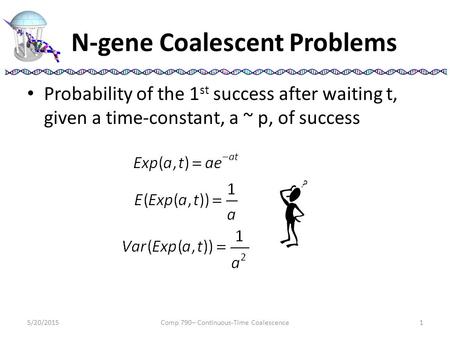 N-gene Coalescent Problems Probability of the 1 st success after waiting t, given a time-constant, a ~ p, of success 5/20/2015Comp 790– Continuous-Time.