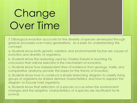 Change Over Time 7.3 Biological evolution accounts for the diversity of species developed through gradual processes over many generations. As a basis.