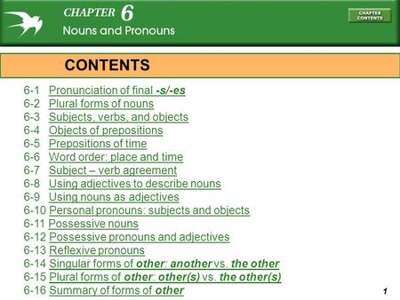 1 6-1 Pronunciation of final -s/-esPronunciation of final -s/-es 6-2 Plural forms of nounsPlural forms of nouns 6-3 Subjects, verbs, and objectsSubjects,