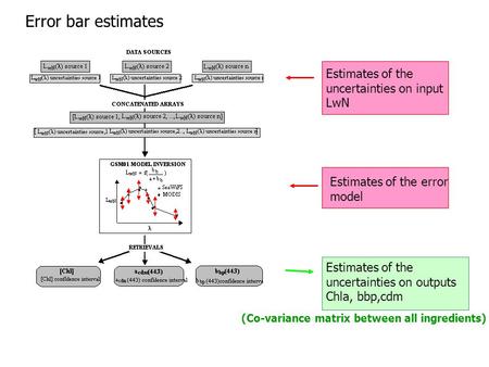 Error bar estimates Estimates of the uncertainties on input LwN Estimates of the error model Estimates of the uncertainties on outputs Chla, bbp,cdm (Co-variance.