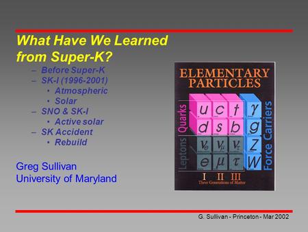 G. Sullivan - Princeton - Mar 2002 What Have We Learned from Super-K? –Before Super-K –SK-I (1996-2001) Atmospheric Solar –SNO & SK-I Active solar –SK.