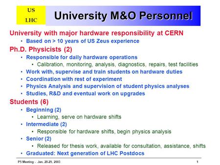 P5 Meeting - Jan. 28-29, 20031 US LHC University M&O Personnel University with major hardware responsibility at CERN Based on > 10 years of US Zeus experience.