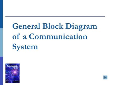General Block Diagram of a Communication System. Definition of Communication Communication is the transmission of information from a source to a user.