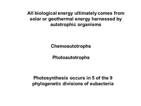 All biological energy ultimately comes from solar or geothermal energy harnessed by autotrophic organisms Chemoautotrophs Photoautotrophs Photosynthesis.