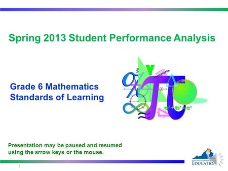 Spring 2013 Student Performance Analysis Grade 6 Mathematics Standards of Learning 1 Presentation may be paused and resumed using the arrow keys or the.
